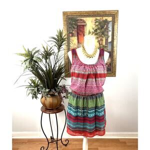 Accidentally In Love Boho Sleeveless Dress M Red Teal Tribal Belted Lined Boho